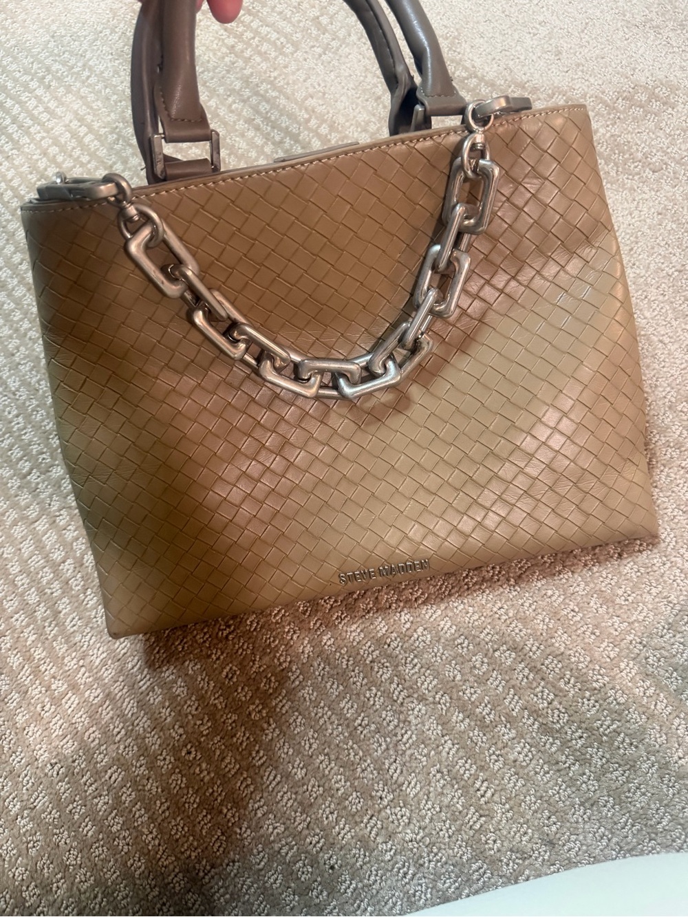 Steve Madden Woven Leather Shoulder Bag in Taupe with Silver Chain